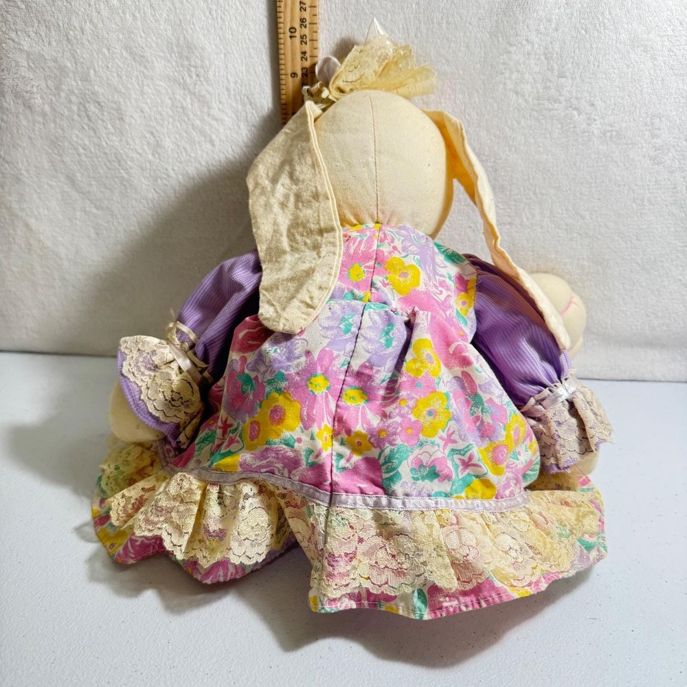 Vintage Stuffed Bunny Rabbit Plush Purple Floral Lace Dress Easter Decor 18in - Picture 4 of 8